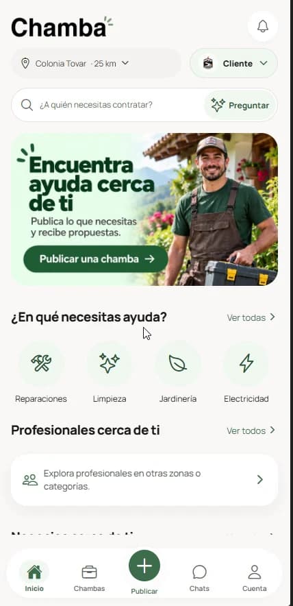 Captura actual del Inicio de Chamba en modo Cliente, con búsqueda y categorías